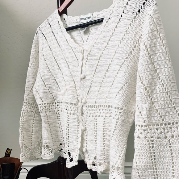 Chelsea Studio | White Crocheted Cardigan - Picture 2 of 6